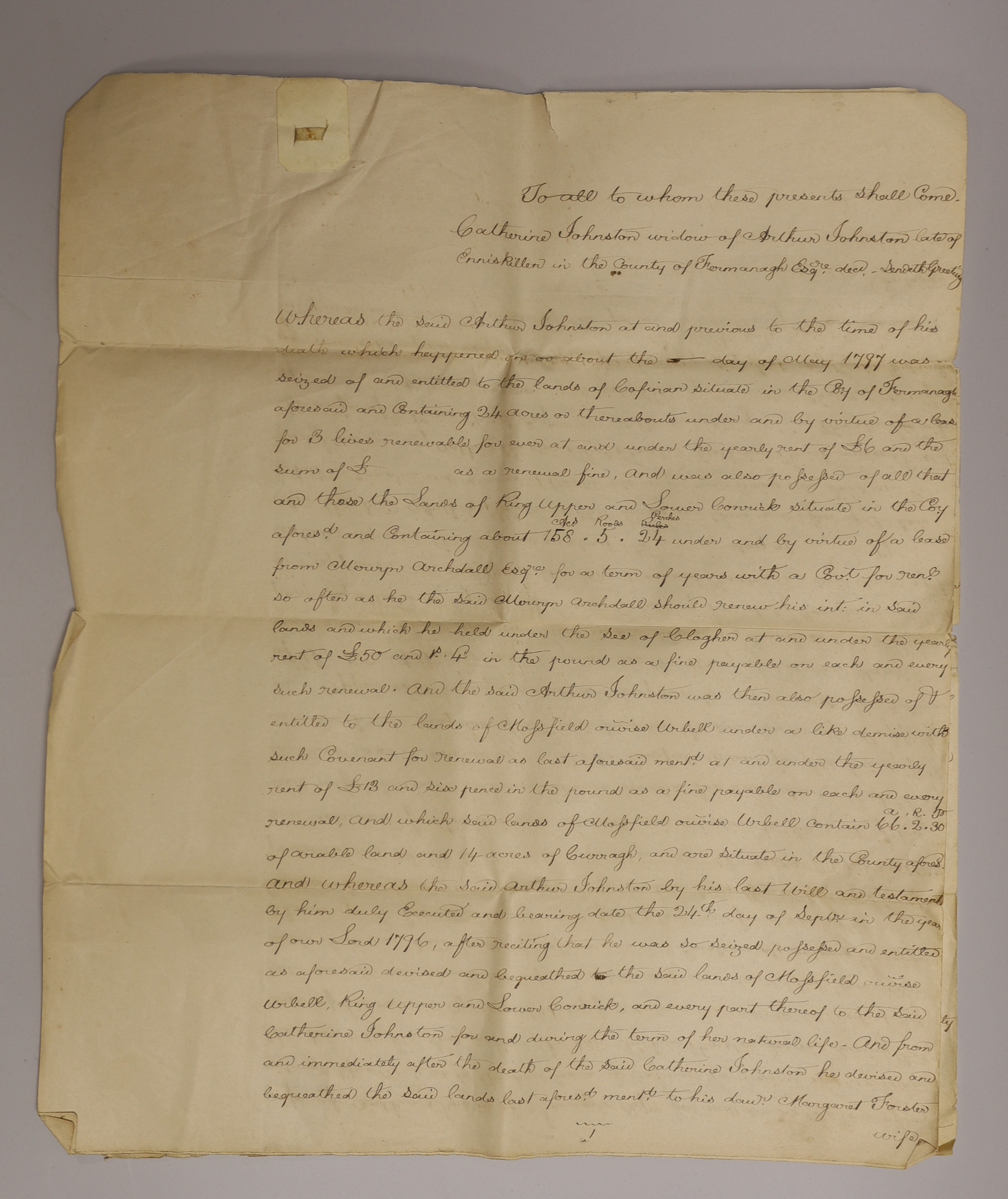A Charles II Indenture on vellum, in English, relating to land at Hoton [a village in Leicestershire], belonging to a John Guy, dated 12th October, 1668, 62 x 78cm; together with a ‘’Genealogical Table of the ‘’Frith’’ f